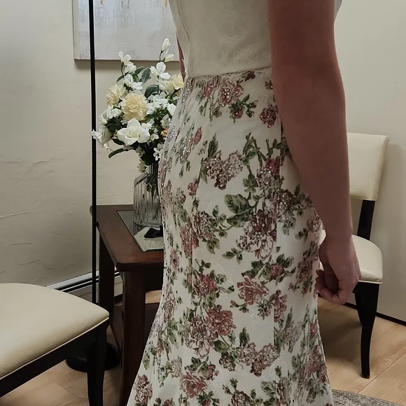 SIZE 8 white w/ pink & green floral 2 piece prom dress by Rachel Allan, no alter - Picture 6 of 13